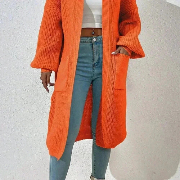 Orange Casual Women's Dual Pocket Drop Shoulder Duster Cardigan - Picture 6 of 8